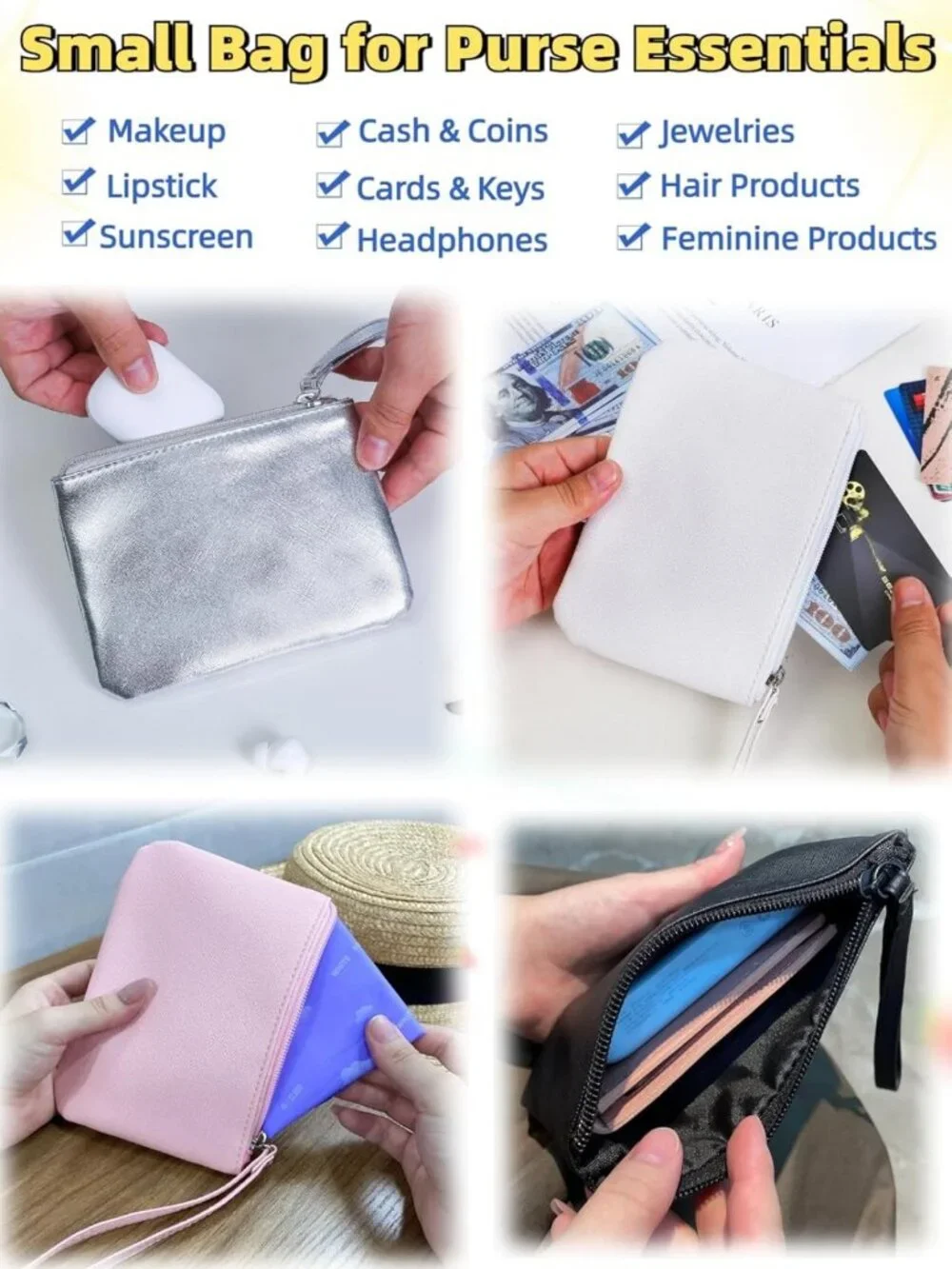 2 Pack Mini Makeup Bags - Zipper Pouches for Travel, Lipstick & Coin Holder